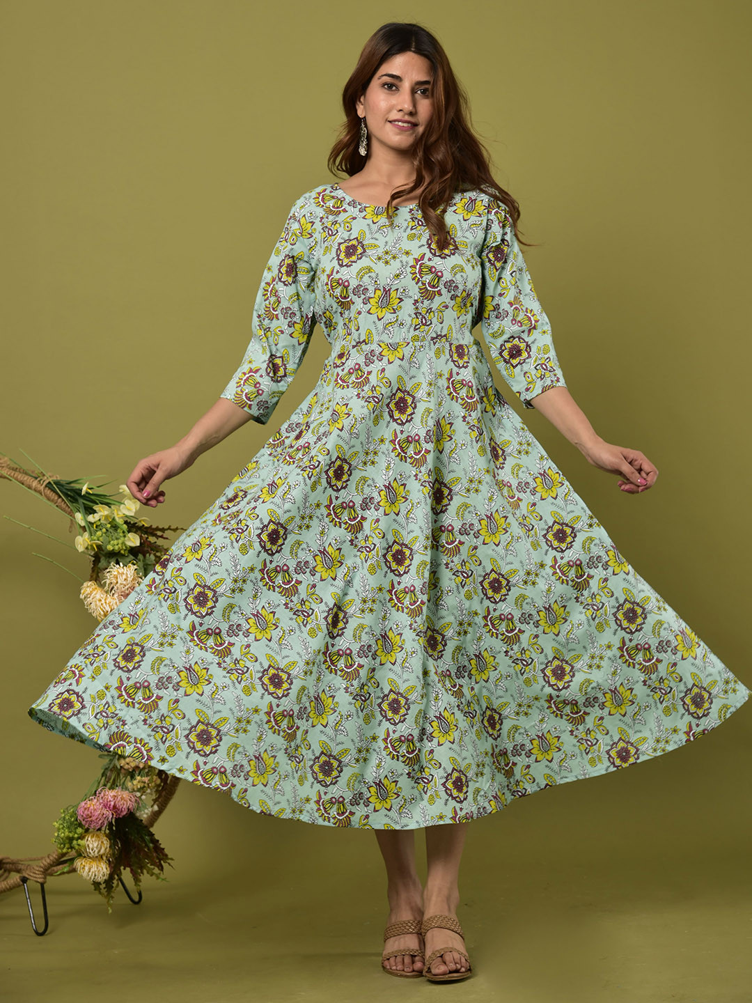 

KALINI Sea Green Floral A-Line Midi Dress