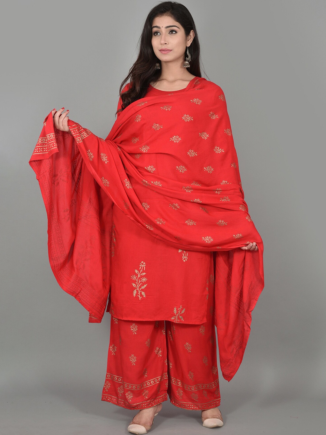 

KALINI Women Red Ethnic Motifs Embroidered Kurti with Palazzos & With Dupatta