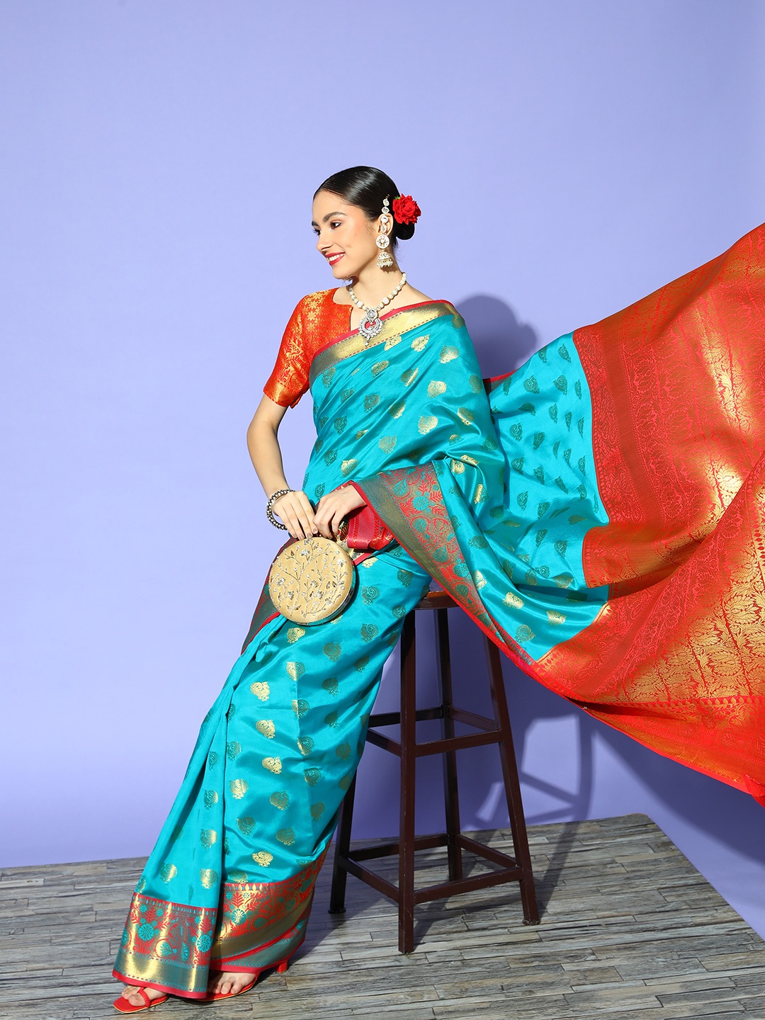 

Mitera Woven Design Saree with Woven Design border, Teal