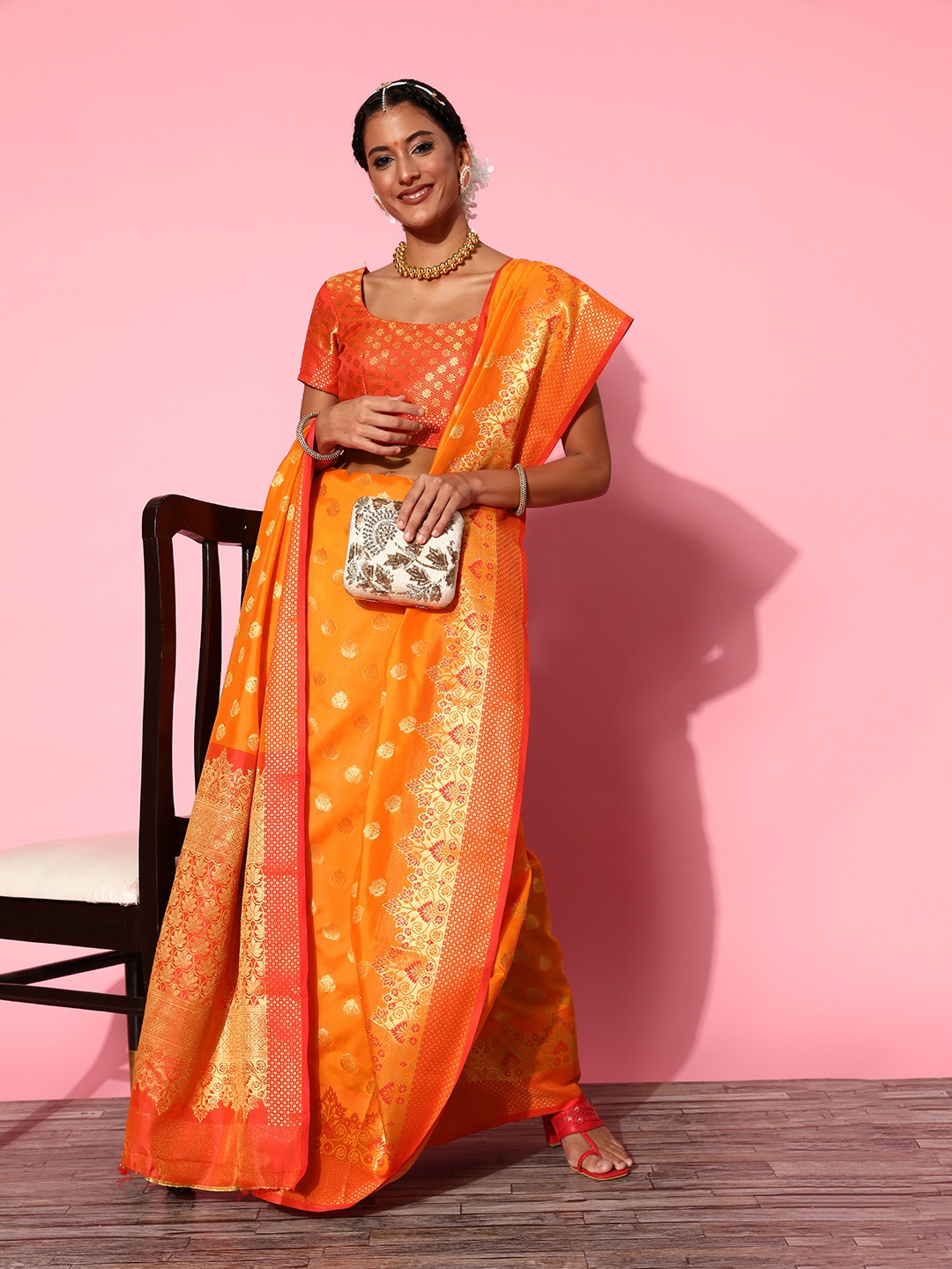 

Mitera Woven Design Saree with Woven Design border, Orange