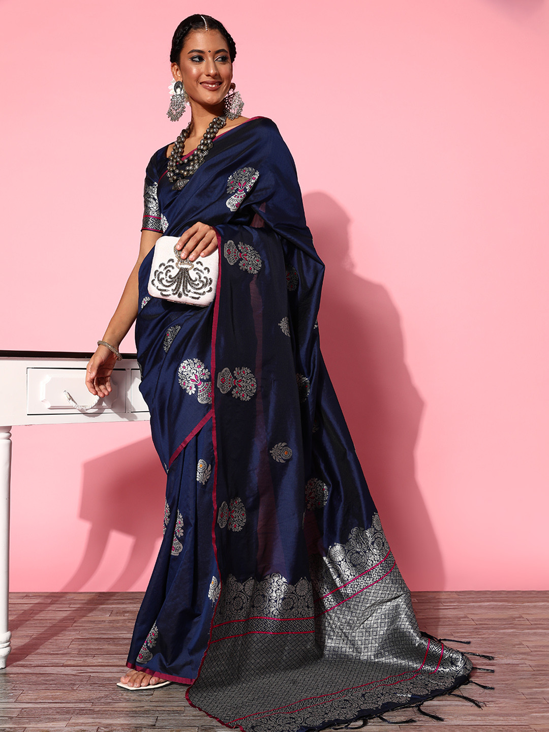 

Mitera Woven Design Saree with Solid border, Navy blue