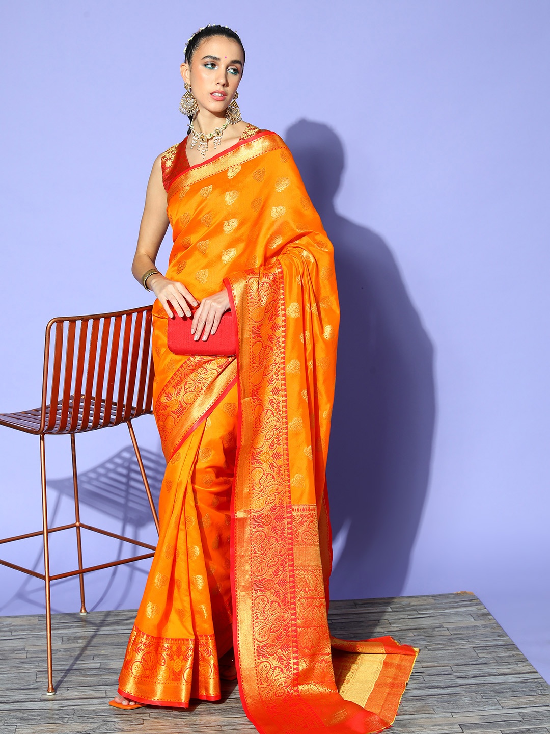 

Mitera Woven Design Saree with Woven Design border, Orange