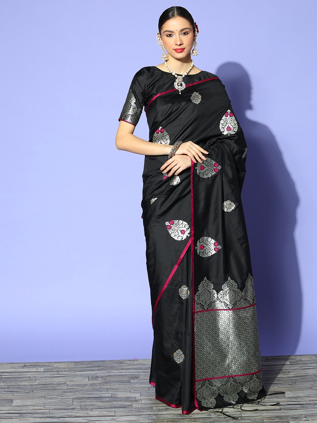 

Mitera Woven Design Saree with Woven Design border, Black