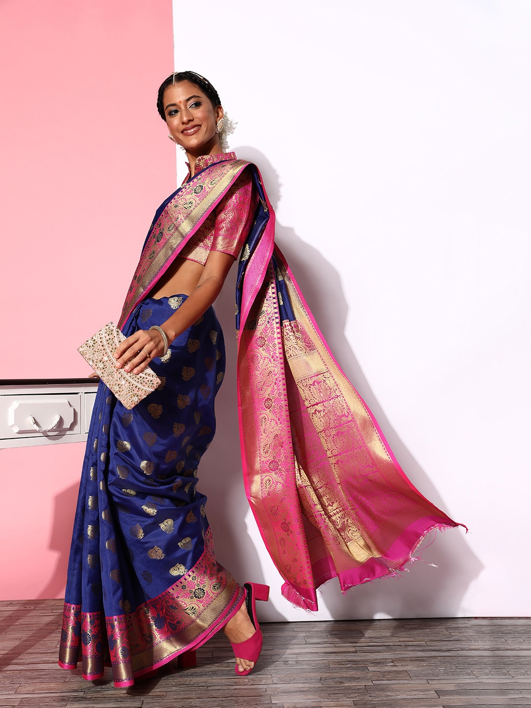 

Mitera Woven Design Saree with Woven Design border, Navy blue