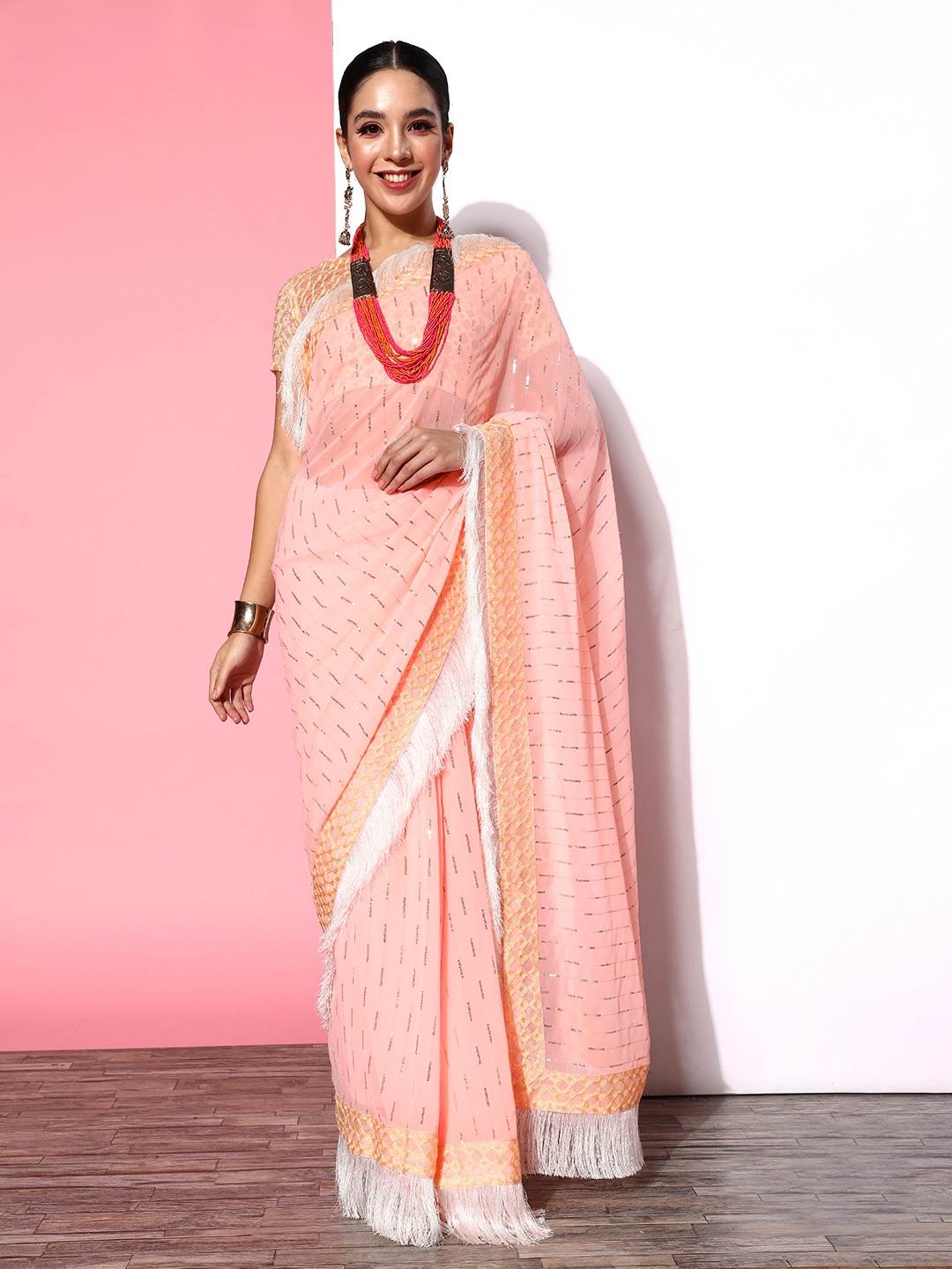 

Mitera Embellished Saree with Embroidered border, Peach