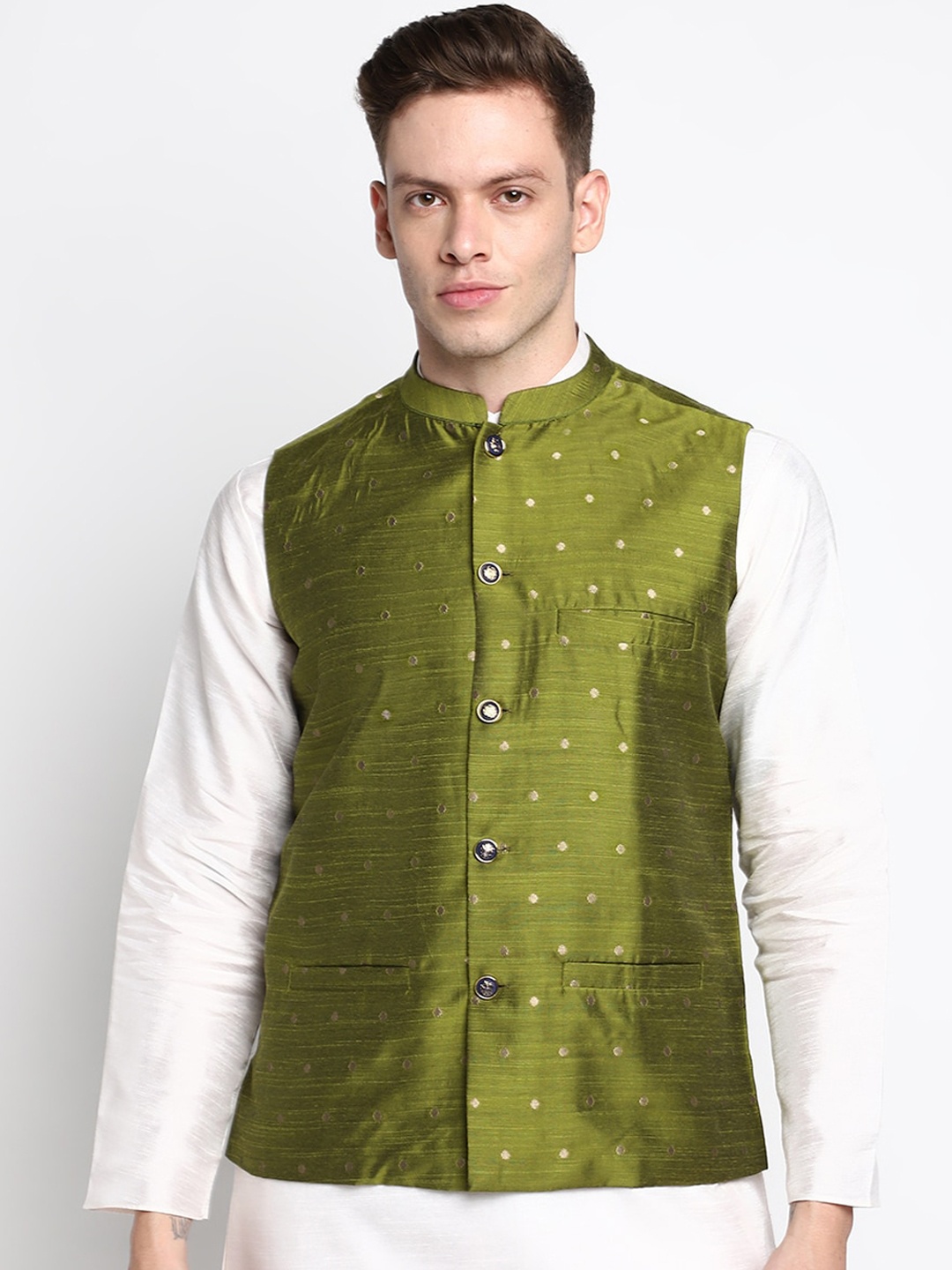 

DEVOILER Men Green Coloured Woven Design Pure Silk Nehru Jacket