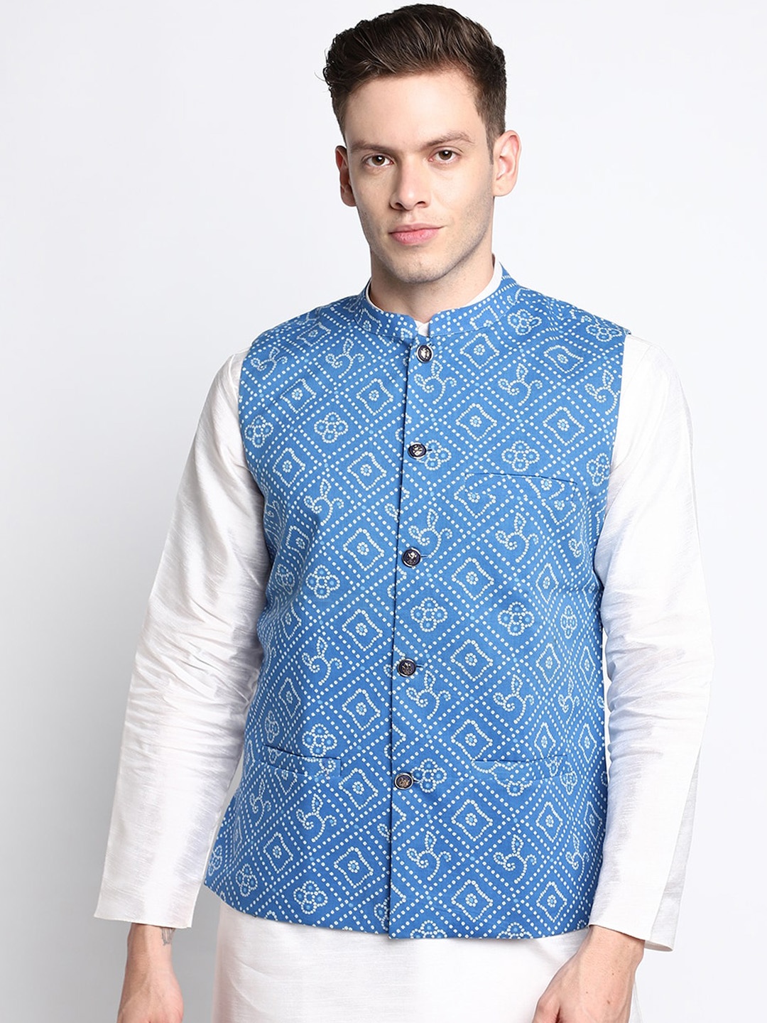 

DEVOILER Men Blue Printed Pure Cotton Nehru jacket