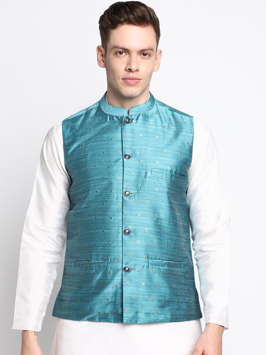 

DEVOILER Men Teal Woven Design Nehru Jacket