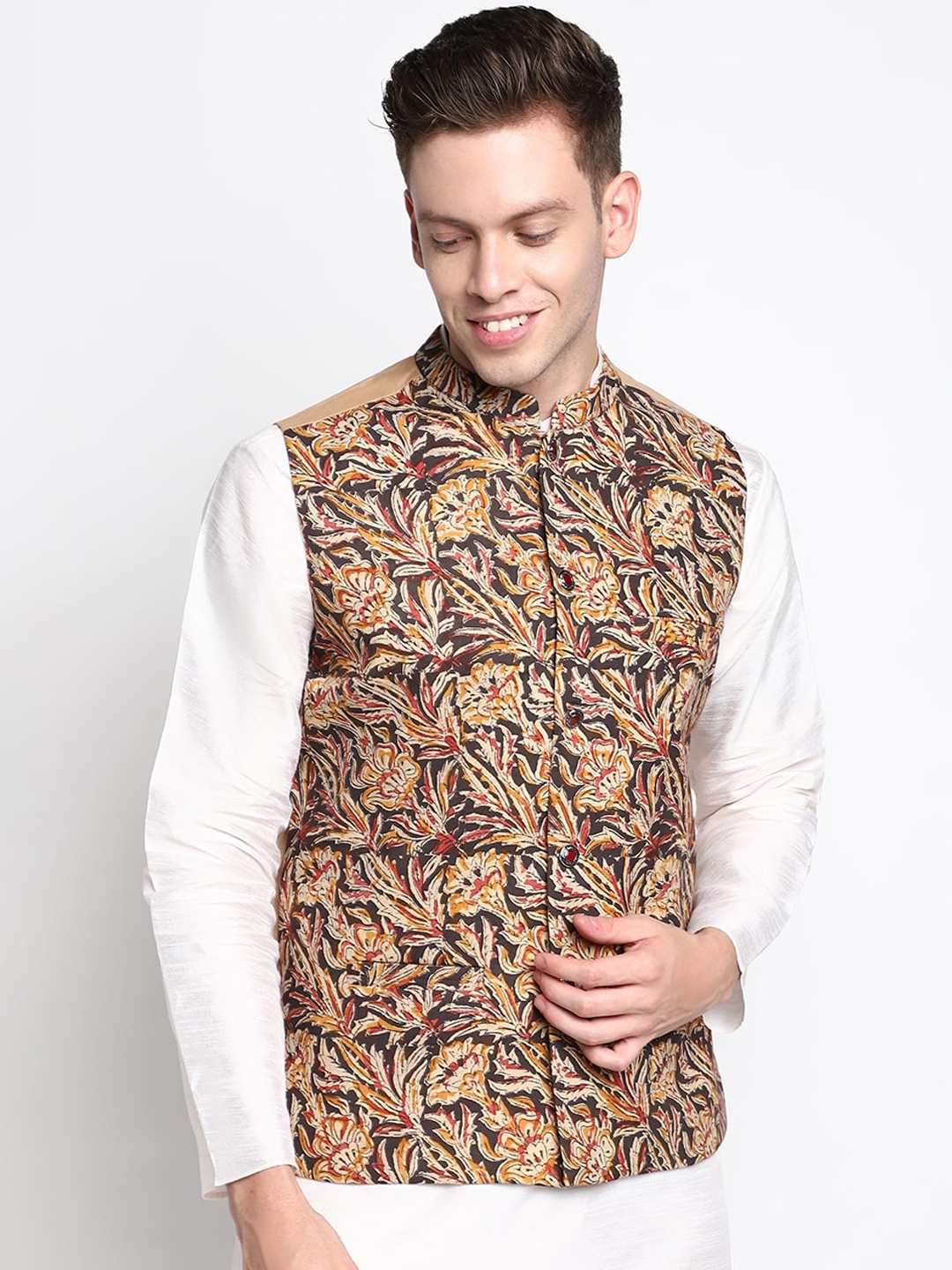 

DEVOILER Men Beige & Black Printed Woven Pure Cotton Nehru Jackets