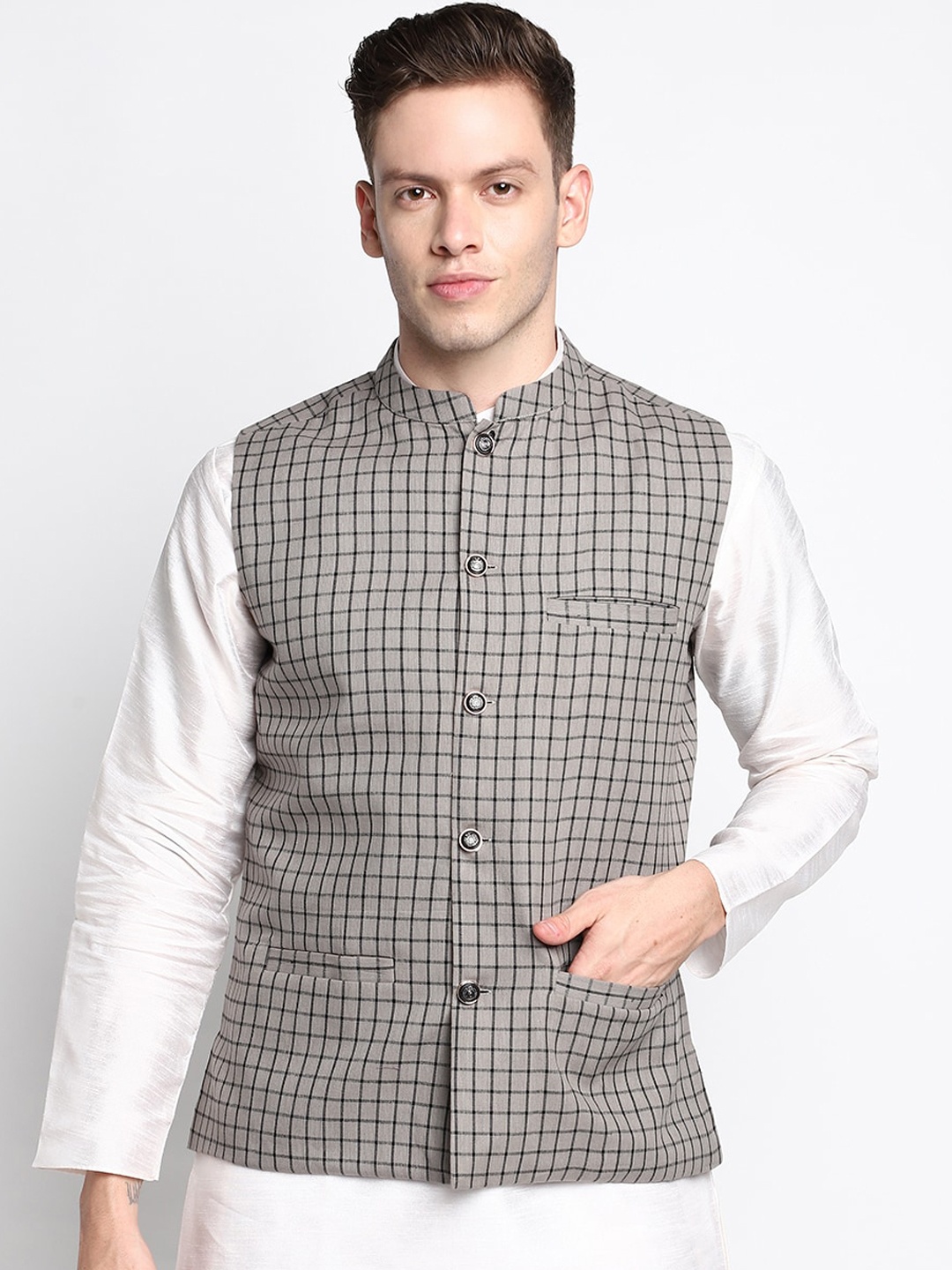 

DEVOILER Men's Grey Checked Pure Cotton Nehru Jackets