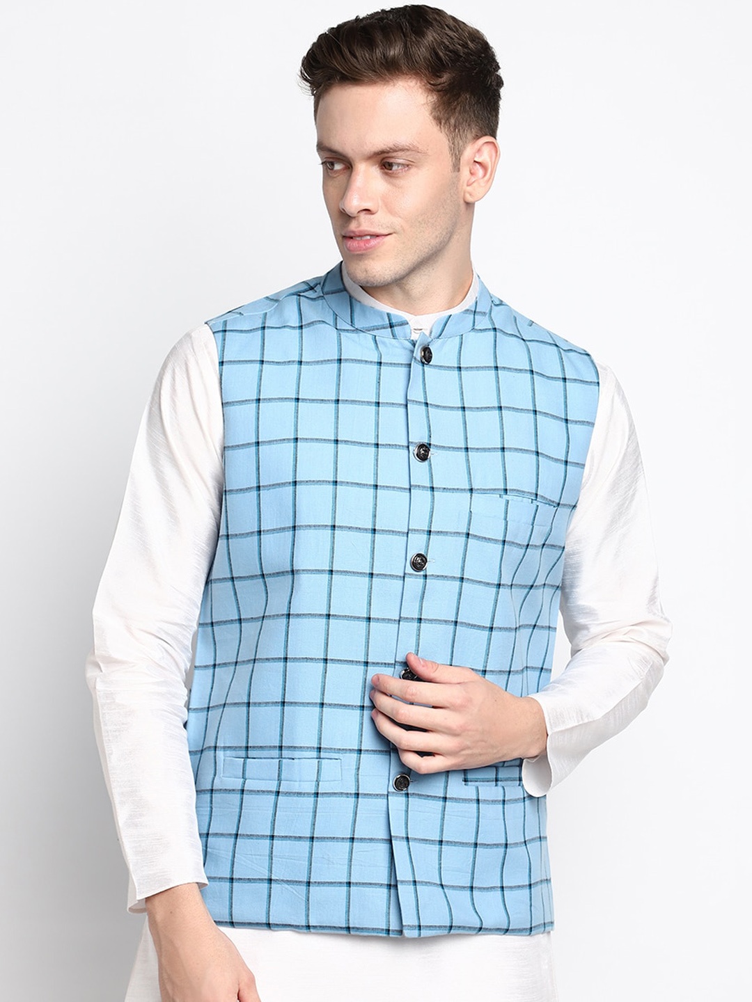 

DEVOILER Men's Blue Checked Woven Pure Cotton Nehru Jackets