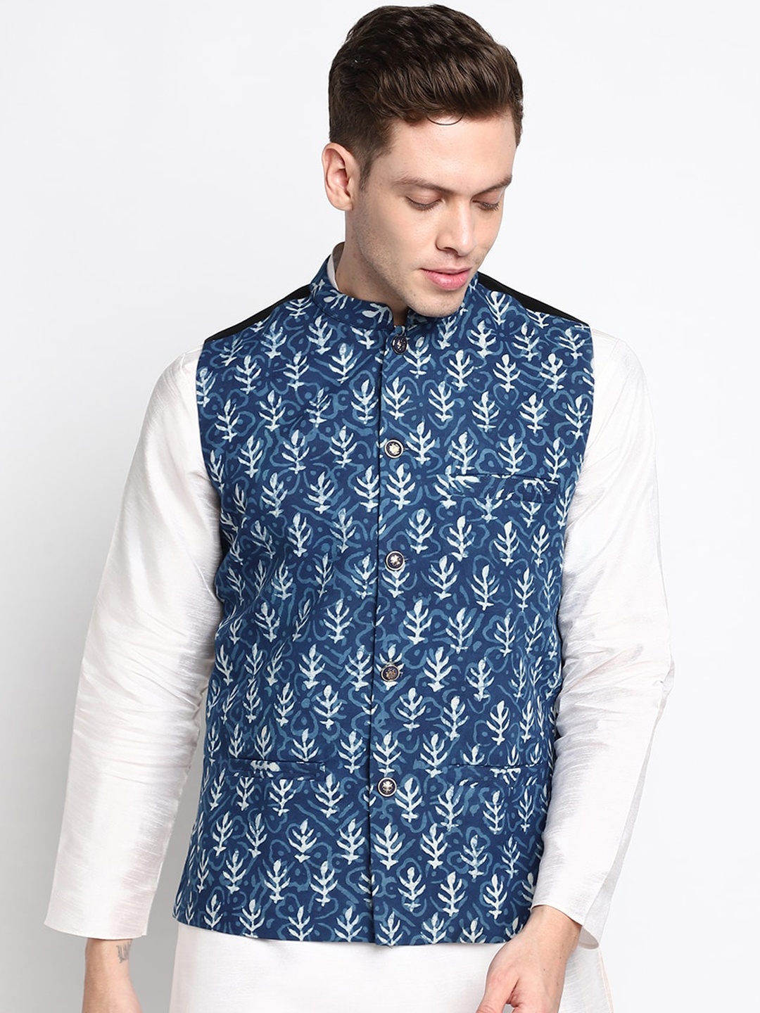 

DEVOILER Men's Blue Printed Pure Cotton Nehru Jacket