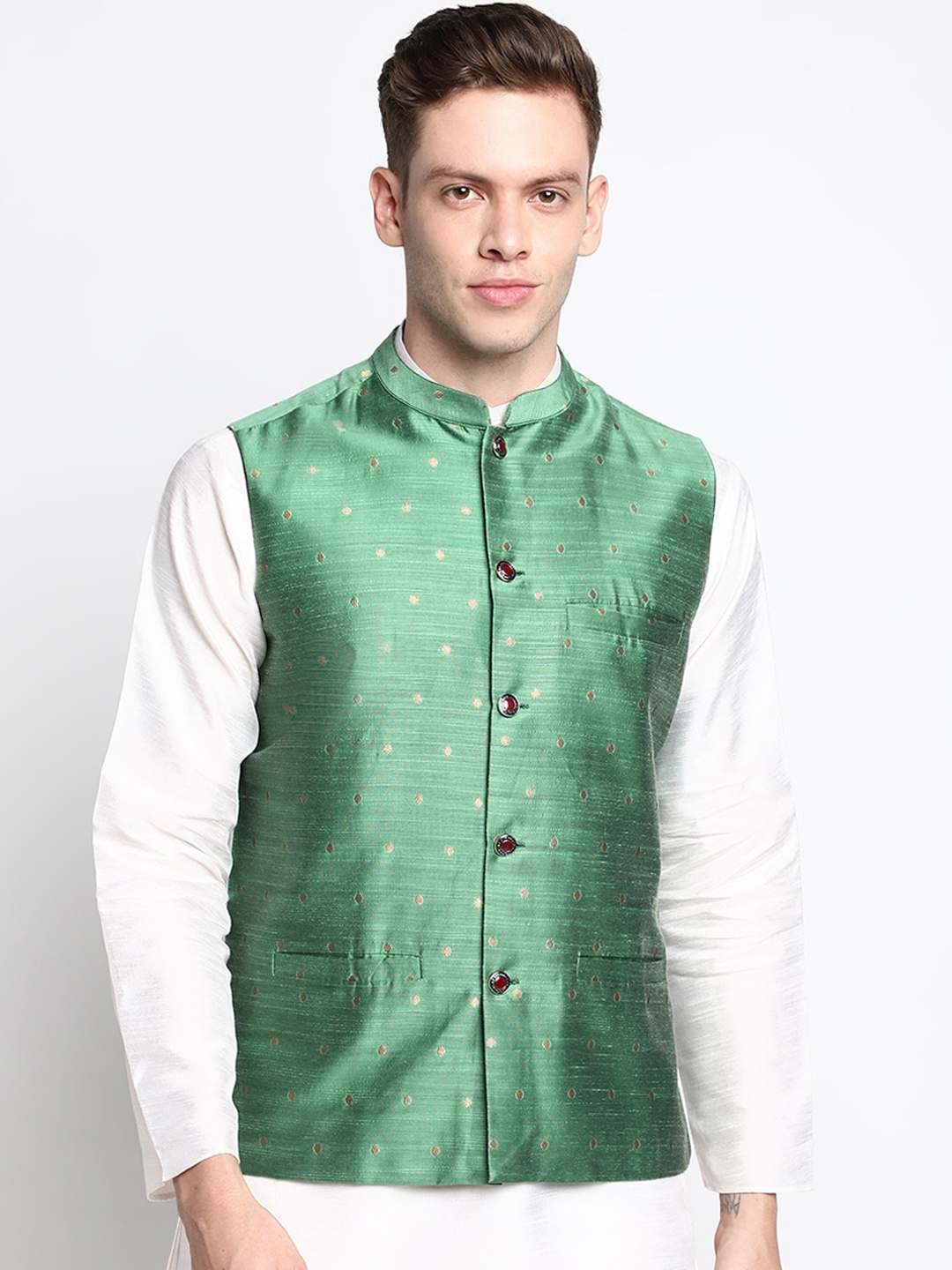 

DEVOILER Men's Green Printed Woven Nehru Jackets