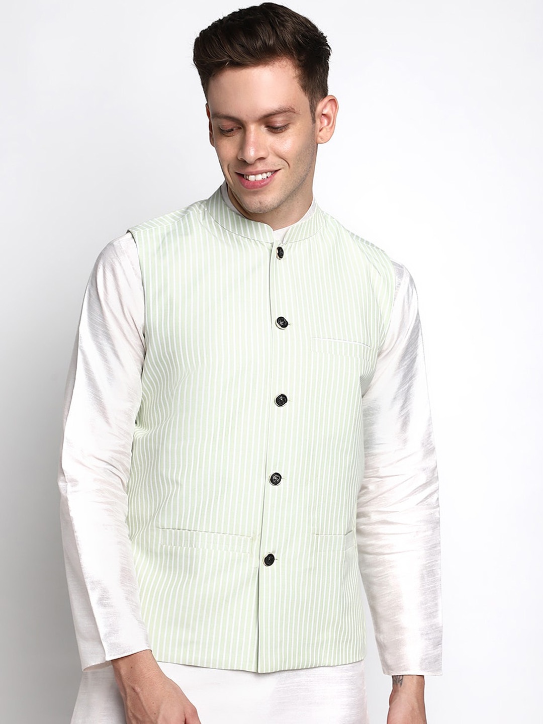 

DEVOILER Men Lime Green Striped Pure Cotton Nehru jacket