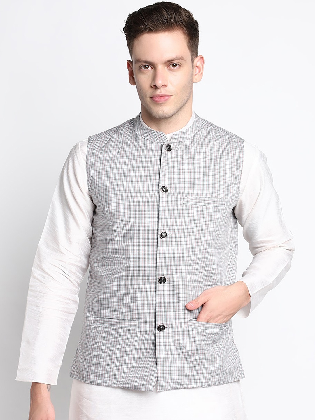 

DEVOILER Men Grey Checked Woven Pure Cotton Nehru Jackets