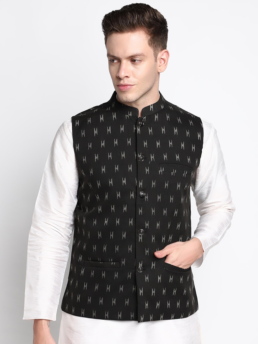 

DEVOILER Men Black Printed Pure Cotton Nehru Jackets