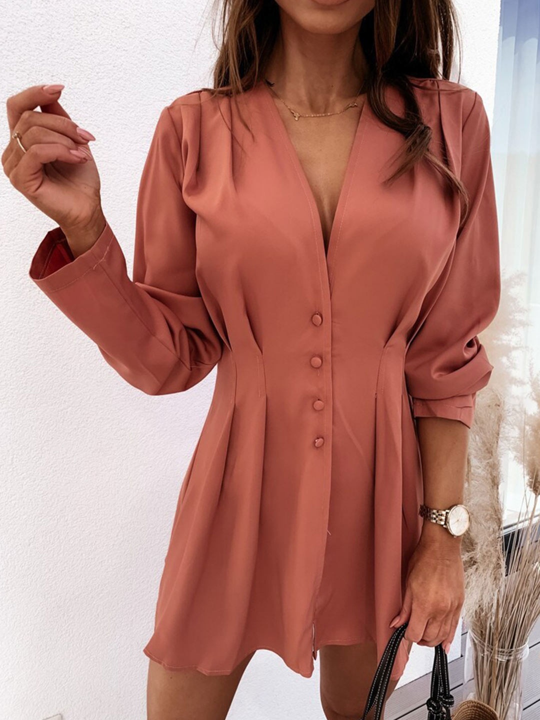 

BoStreet Peach-Coloured Solid Shirt Dress