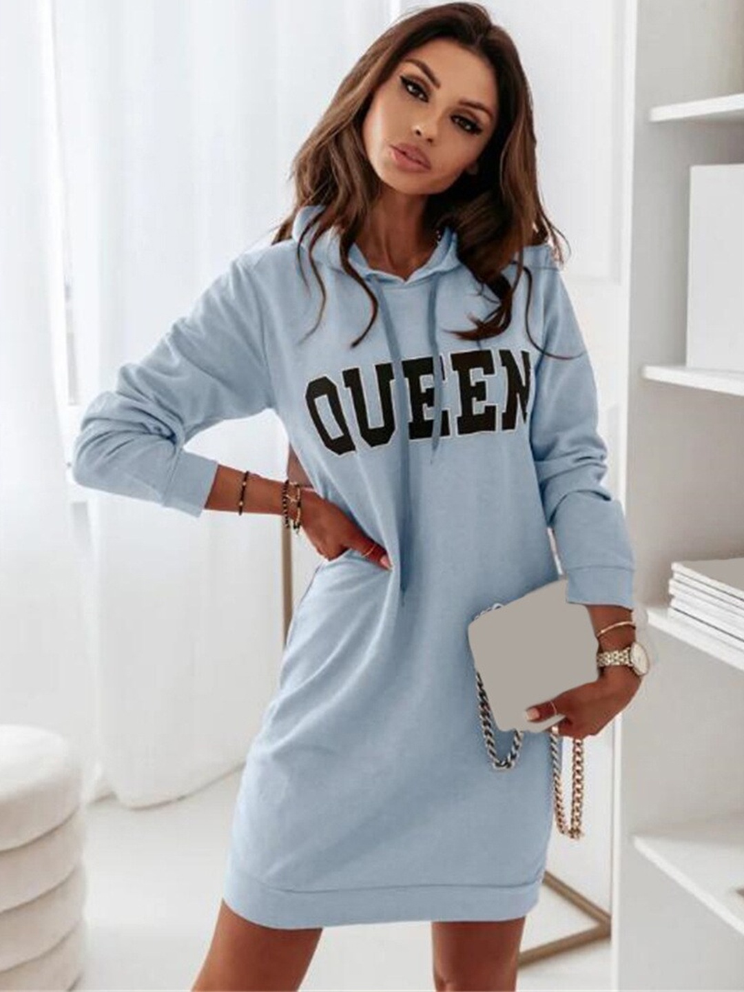 

BoStreet Women Blue Full Sleeves Shirt Dress with Hood