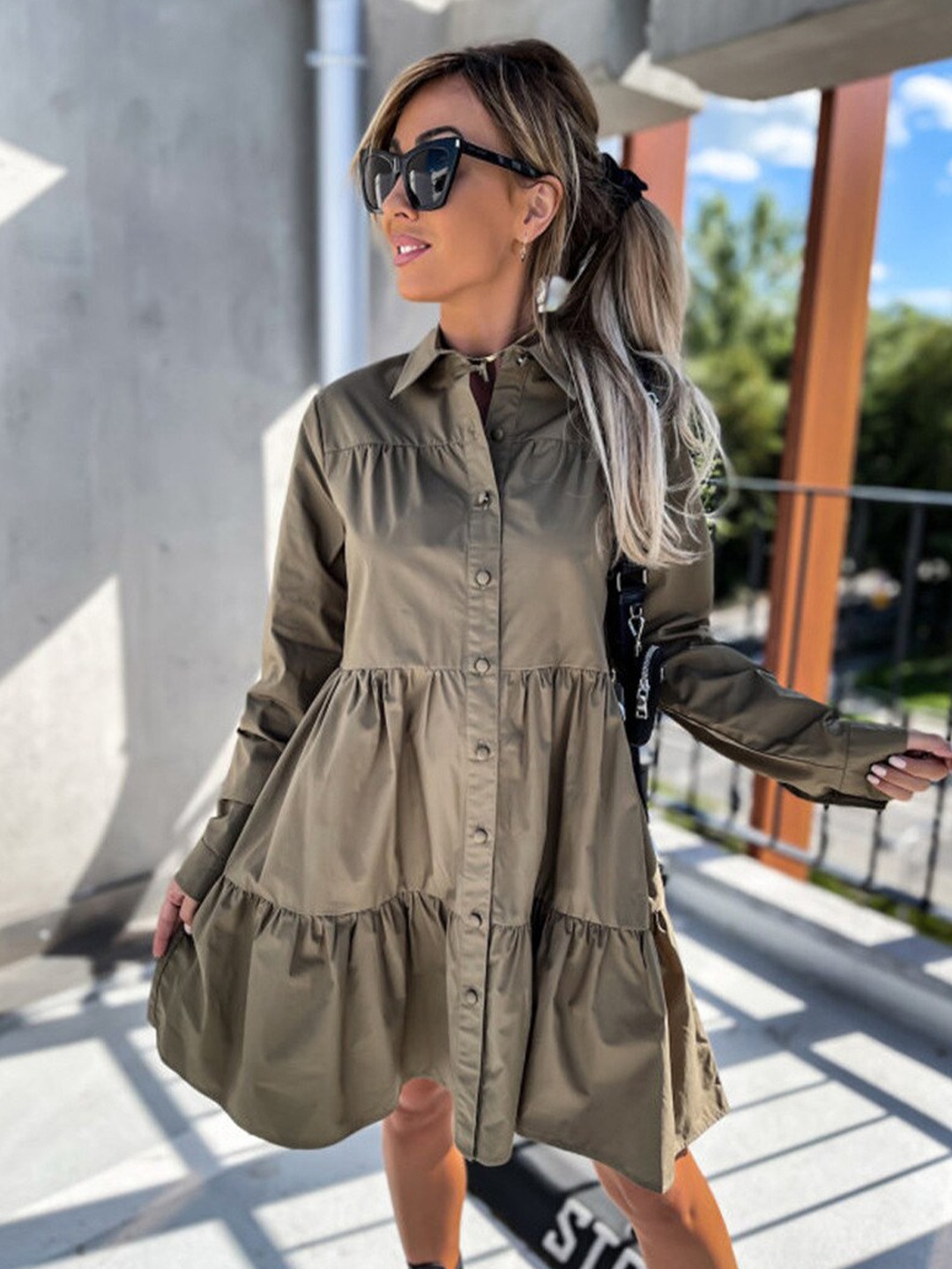 

BoStreet Khaki Shirt Midi Dress