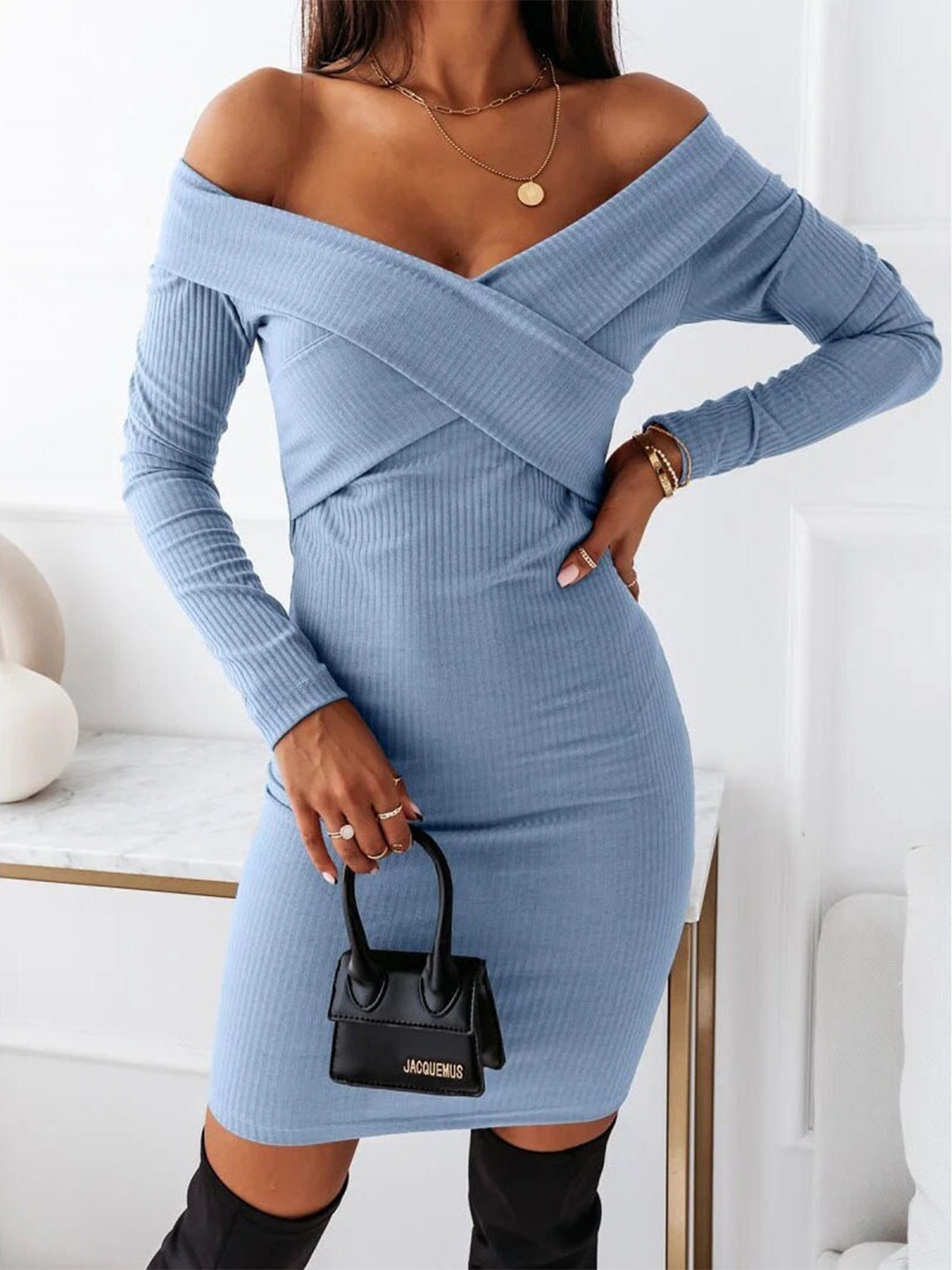 

BoStreet Women's Blue Off-Shoulder Bodycon Dress