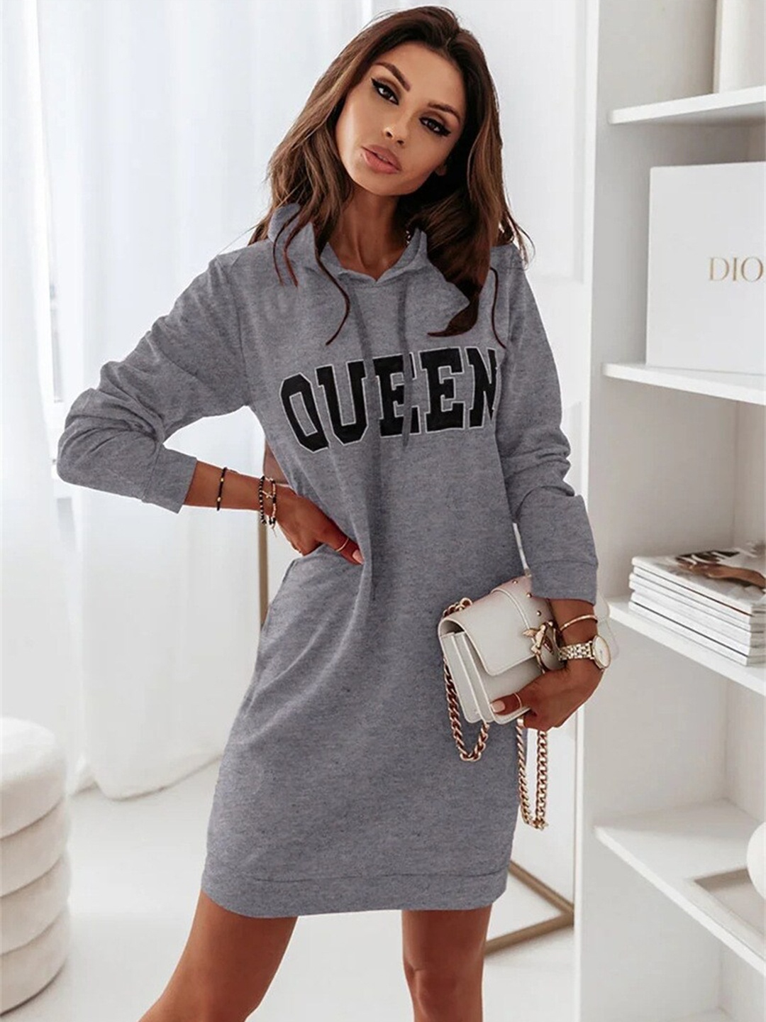 

BoStreet Grey Typography Printed Hooded T-shirt Dress