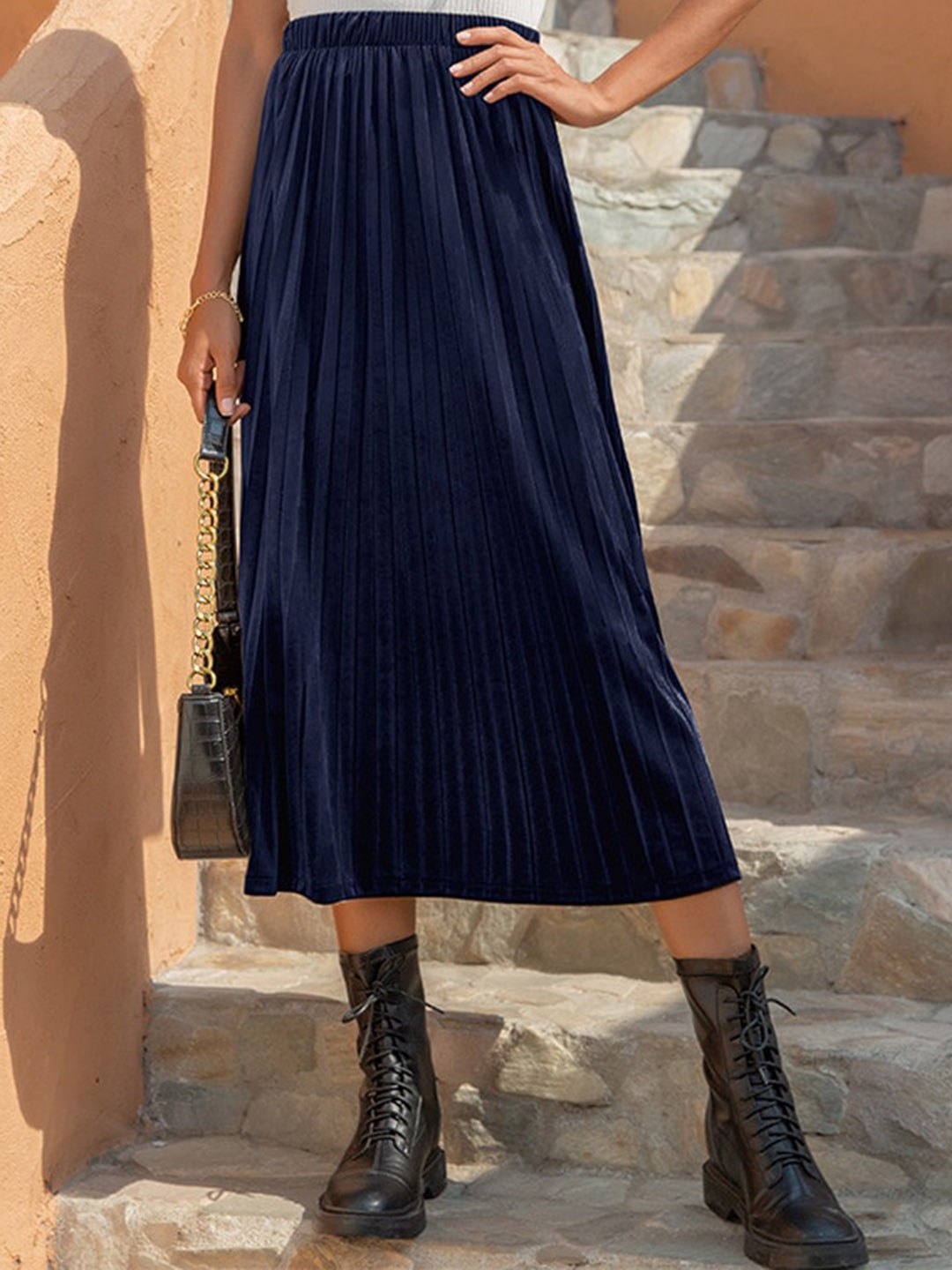 

BoStreet Women Navy Blue Accordion Pleats Flared Midi Skirts