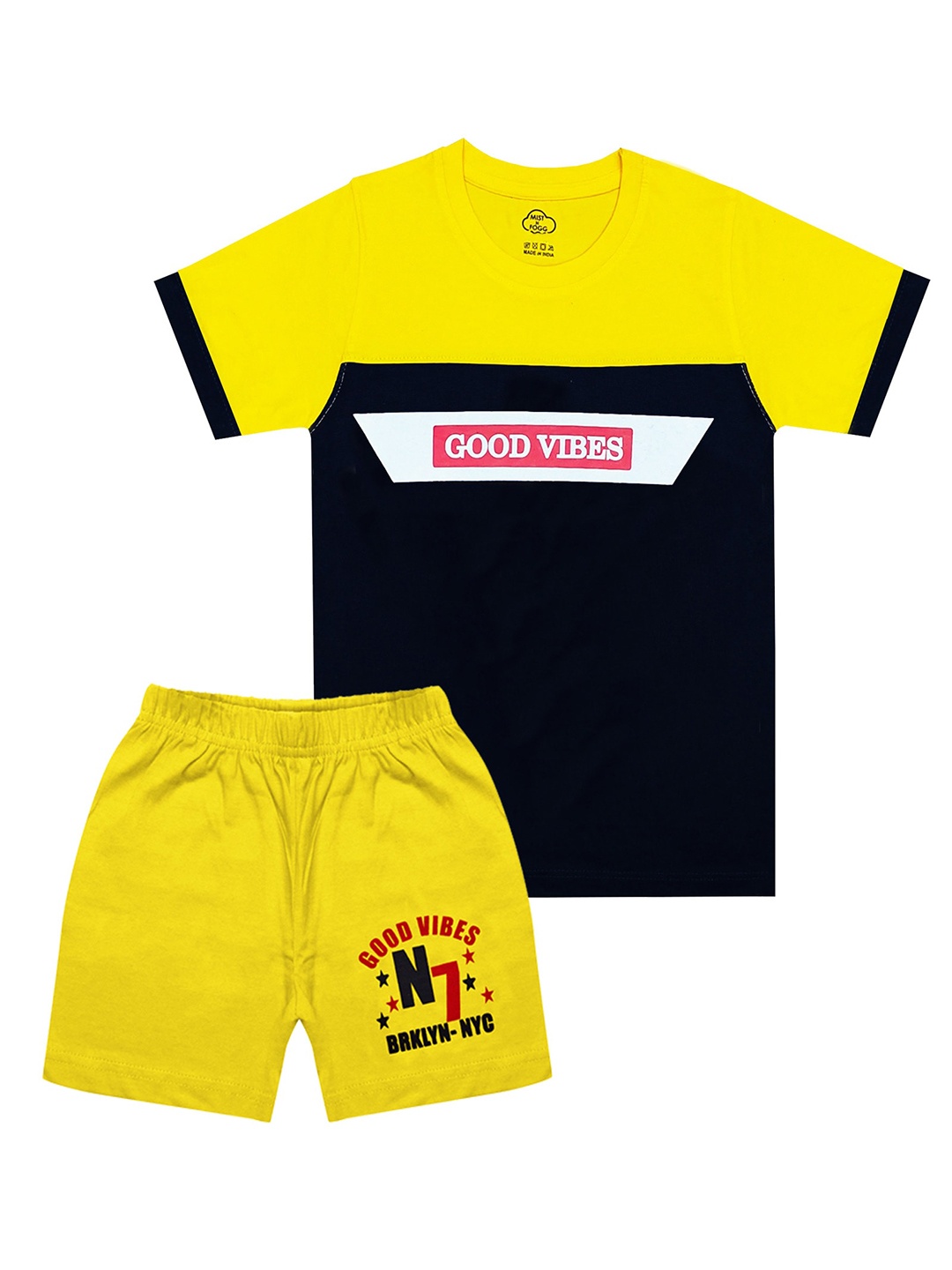 

MIST N FOGG Kids-Boys Yellow & Black Printed Pure Cotton T-shirt with Shorts