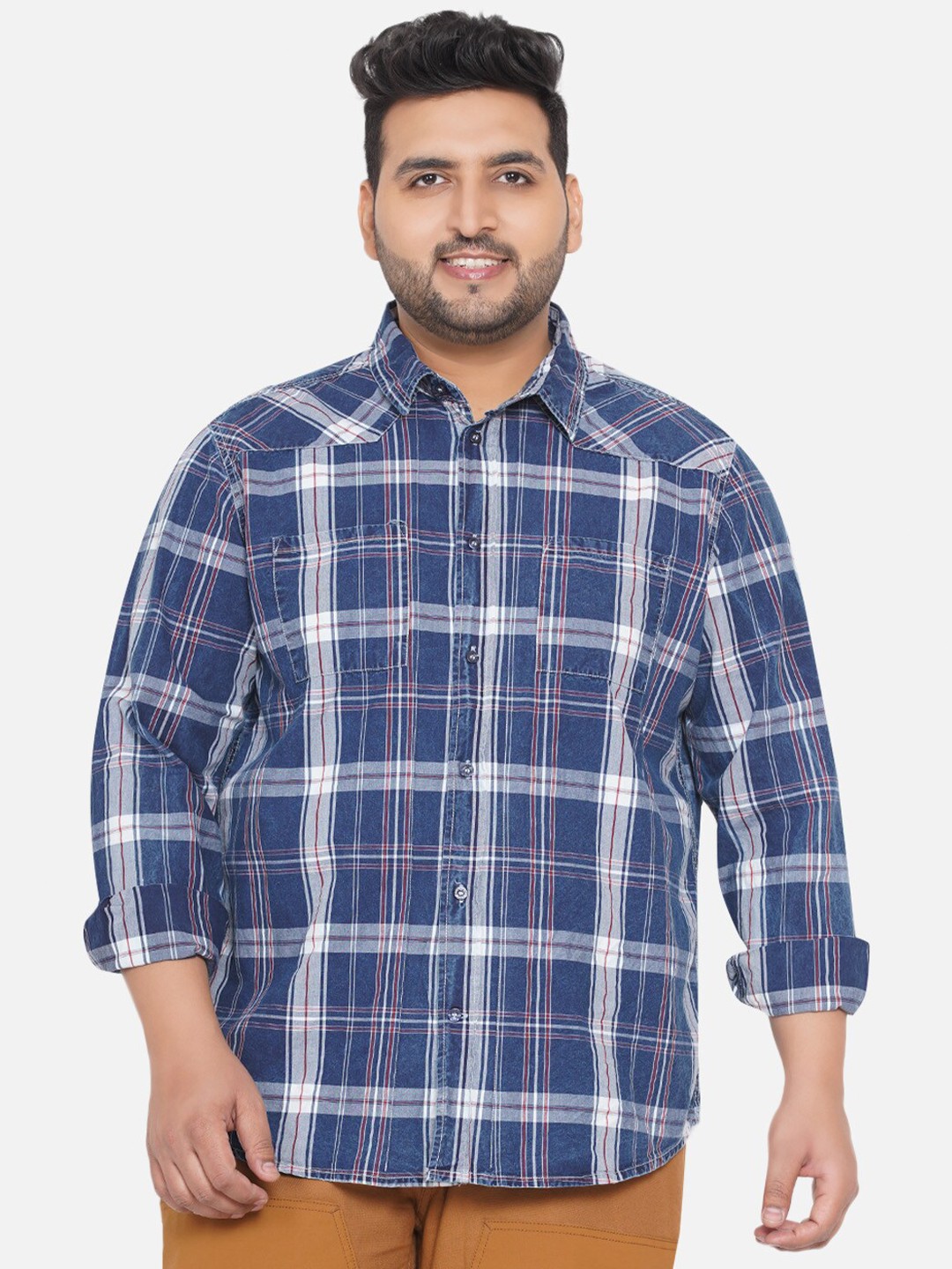

Santonio Men Plus Size Blue Classic Checked Casual Shirt