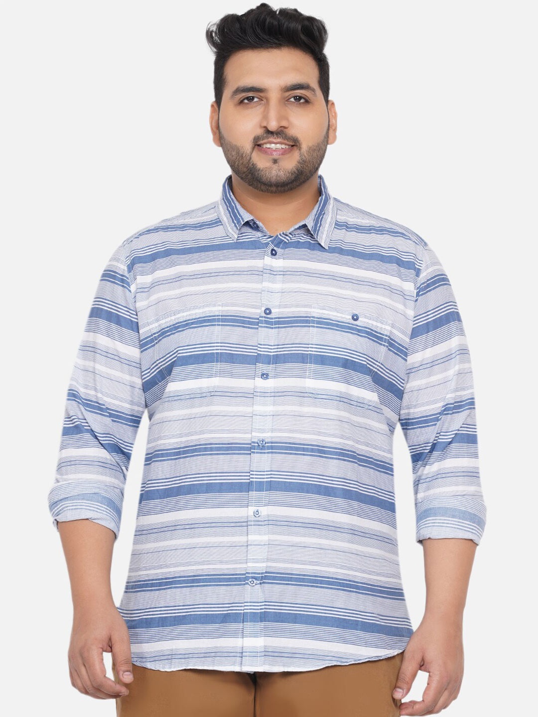 

Santonio Plus Size Men White & Blue Classic Horizontal Stripes Cotton Casual Shirt