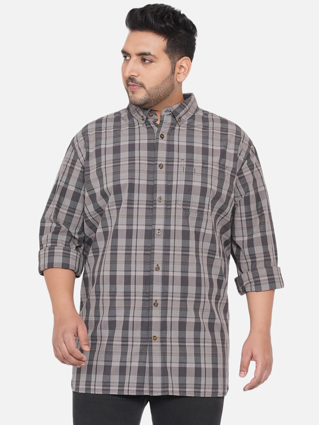

Santonio Plus Size Men Grey Classic Tartan Checked 100%Cotton Casual Shirt