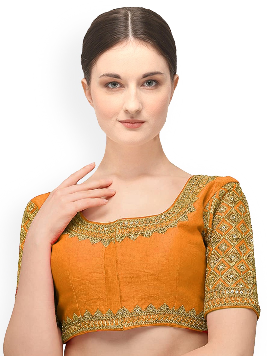 

Sumaira Tex Women Yellow Embroidered Saree Blouse