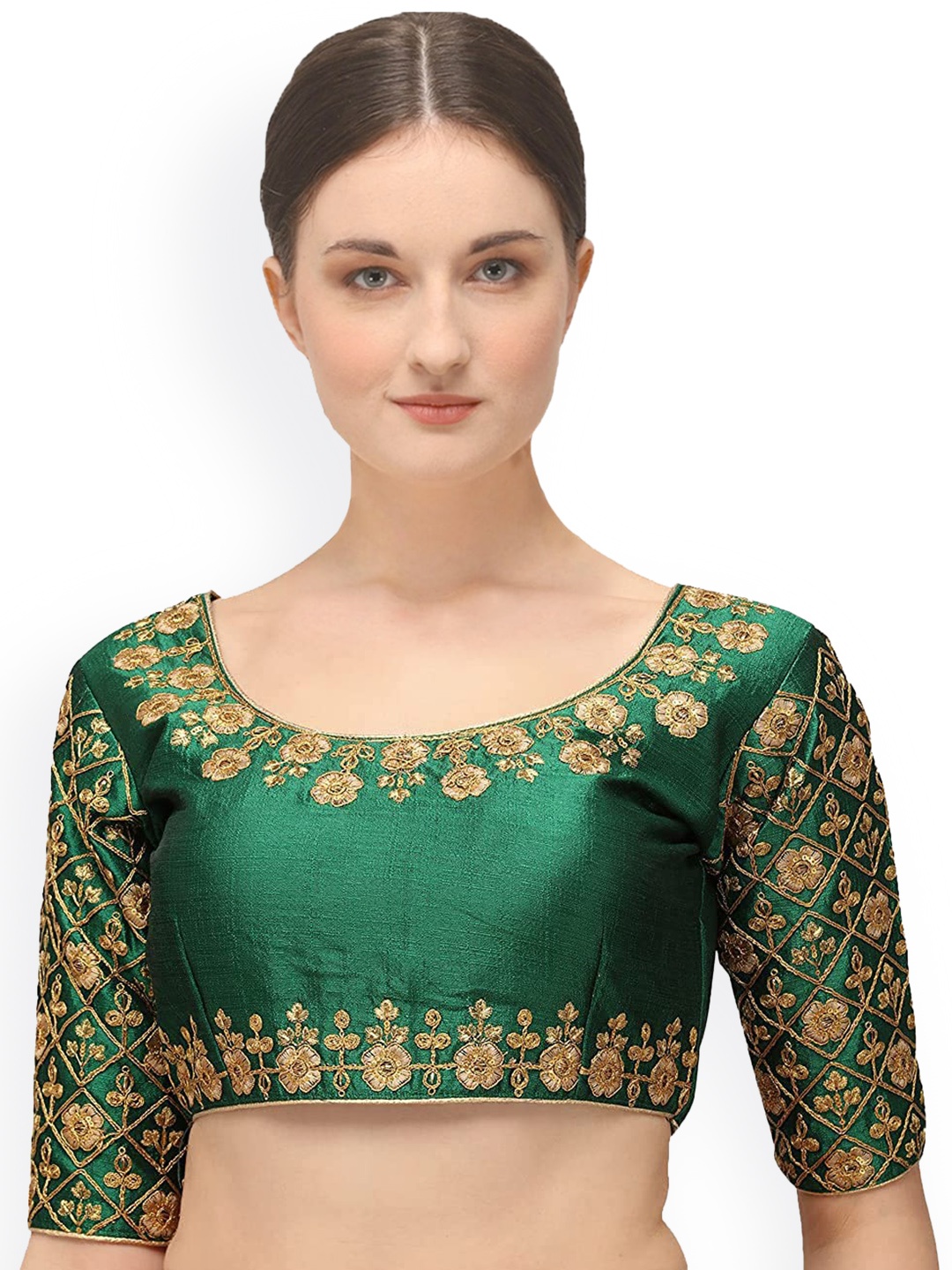 

Sumaira Tex Women Green & Gold-Colored Embroidered Readymade Saree Blouse