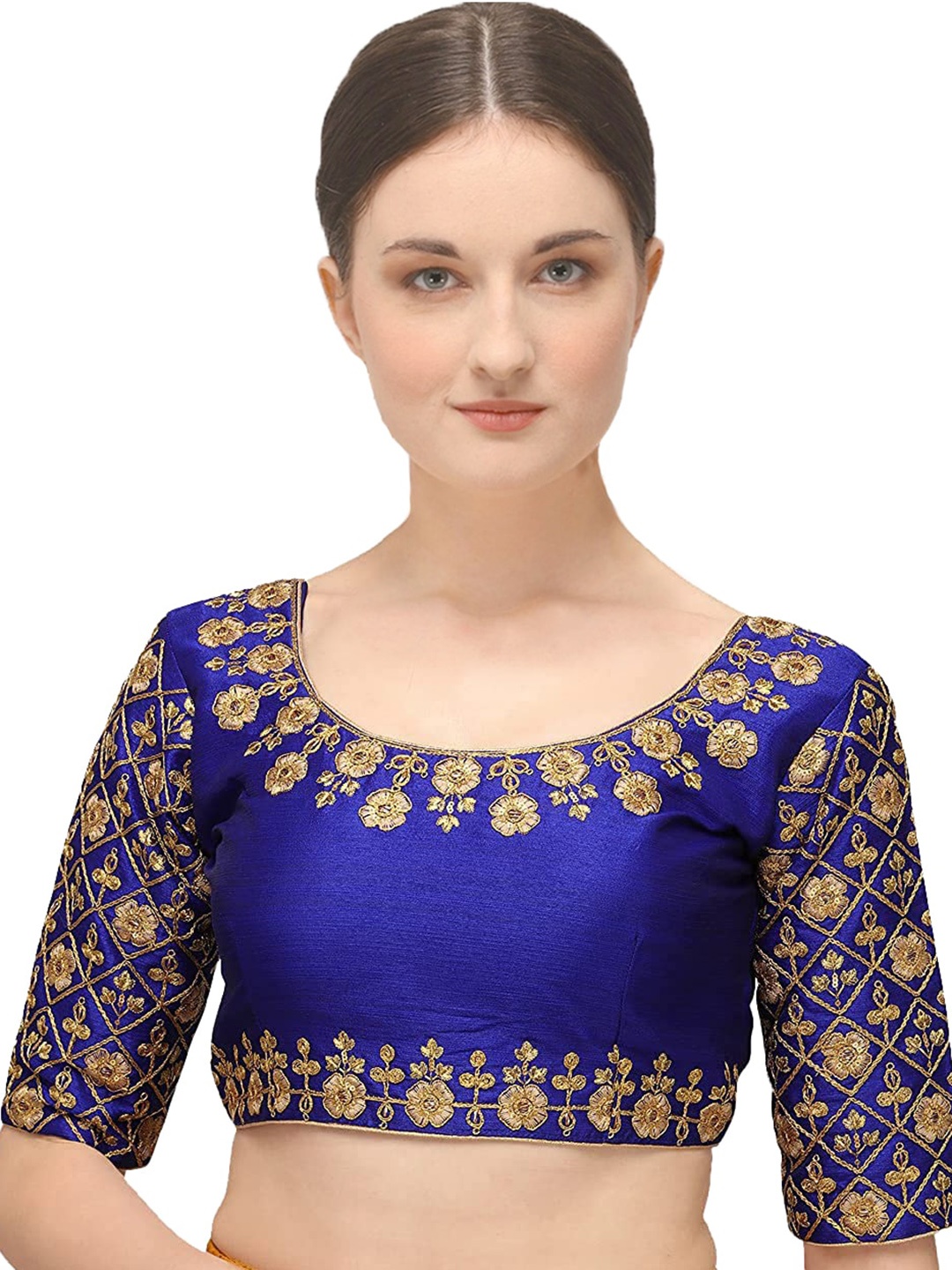 

Sumaira Tex Royal-Blue & Golden Embroidered Silk Readymade Saree Blouse