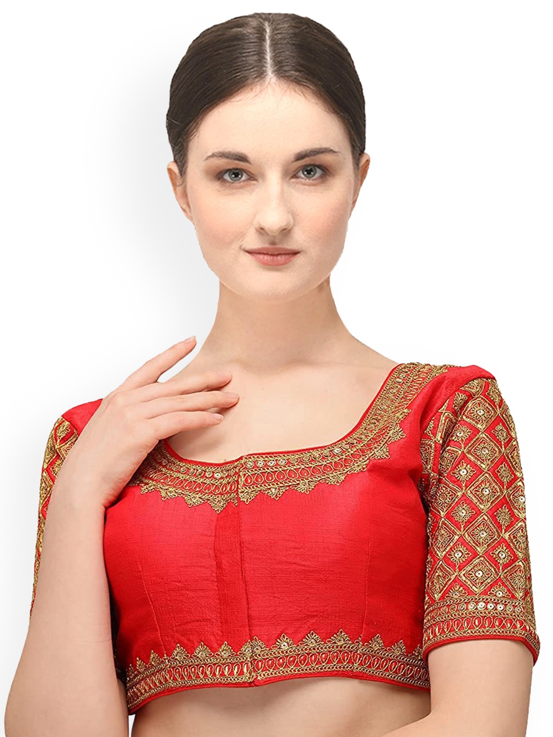 

Sumaira Tex Women Red & Gold-Coloured Embroidered Saree Blouse