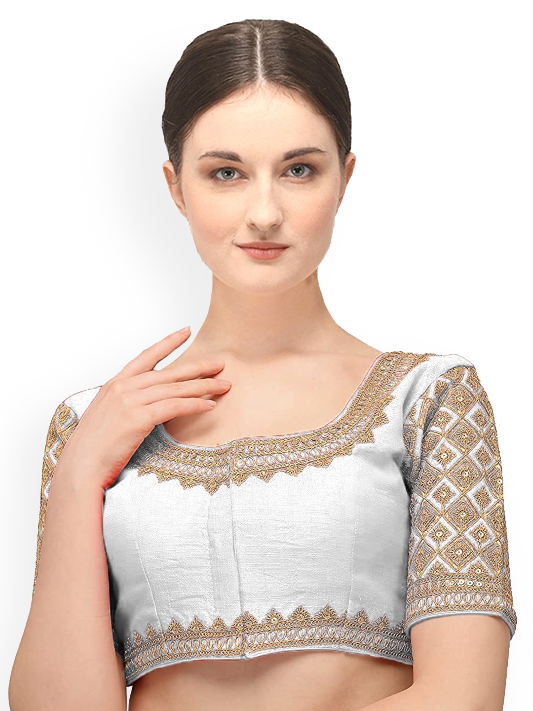 

Sumaira Tex Women White & Gold Embroidered Ready-Made Saree Blouse