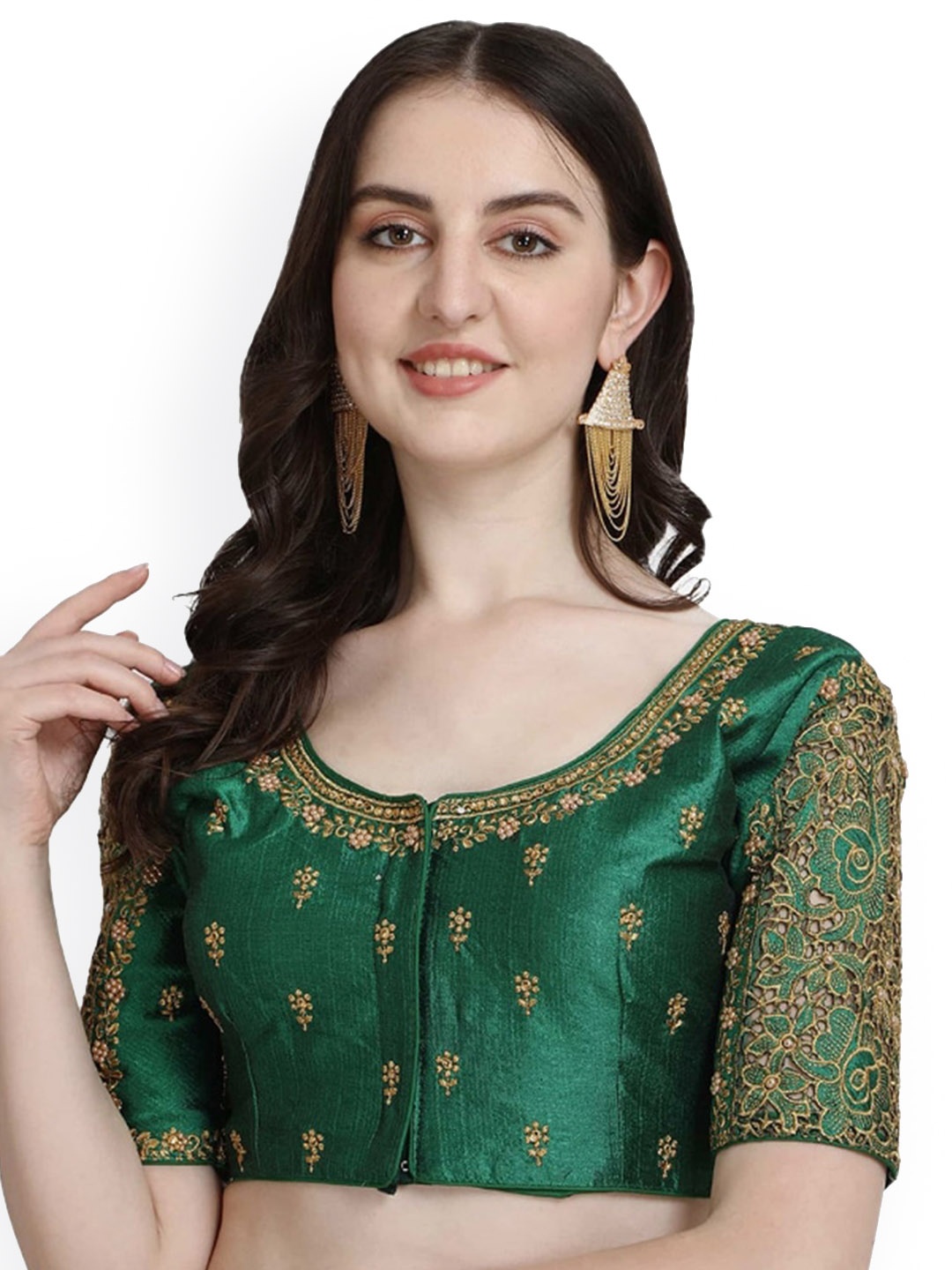

Sumaira Tex Women Green & Gold-Colored Embroidered Readymade Saree Blouse