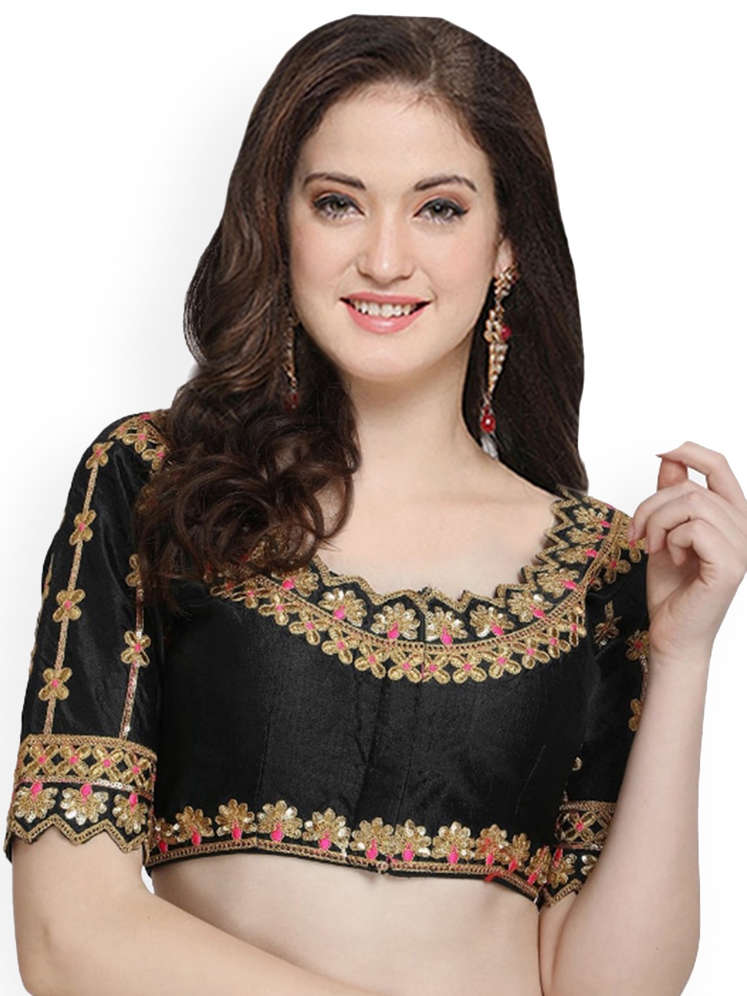 

Sumaira Tex Women Black & Gold-Coloured Embroidered Readymade Saree Blouse