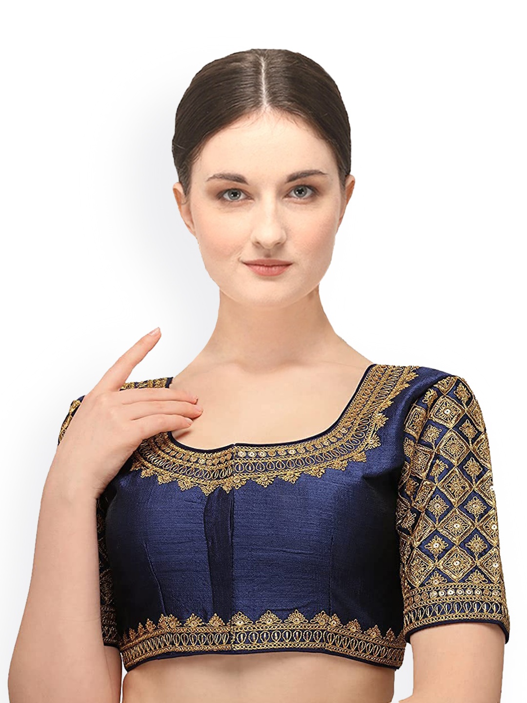 

Sumaira Tex Women Navy Blue & Gold-Coloured Embroidered Saree Blouse