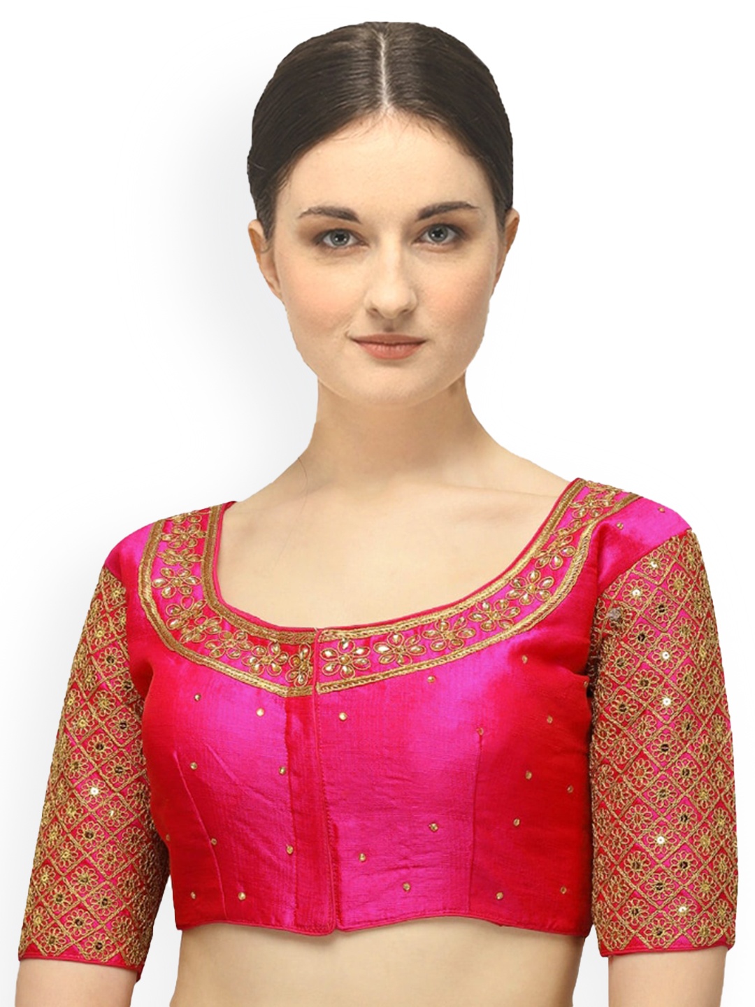 

Sumaira Tex Pink & Golden Embroidered Silk Readymade Saree Blouse