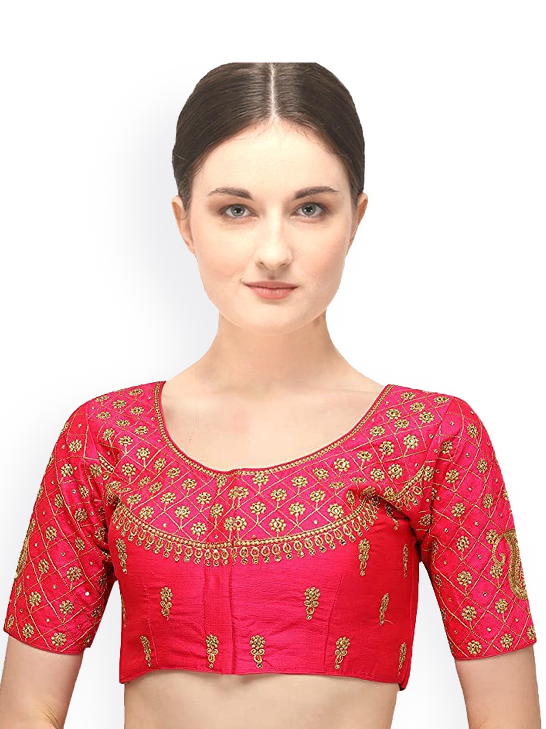 

Sumaira Tex Gajri Red Embroidered Silk Saree Blouse