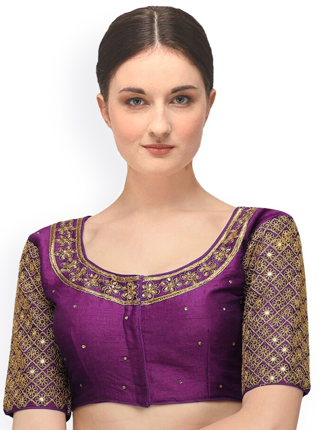 

Sumaira Tex Women Violet & Gold-Colored Embroidered Readymade Saree Blouse