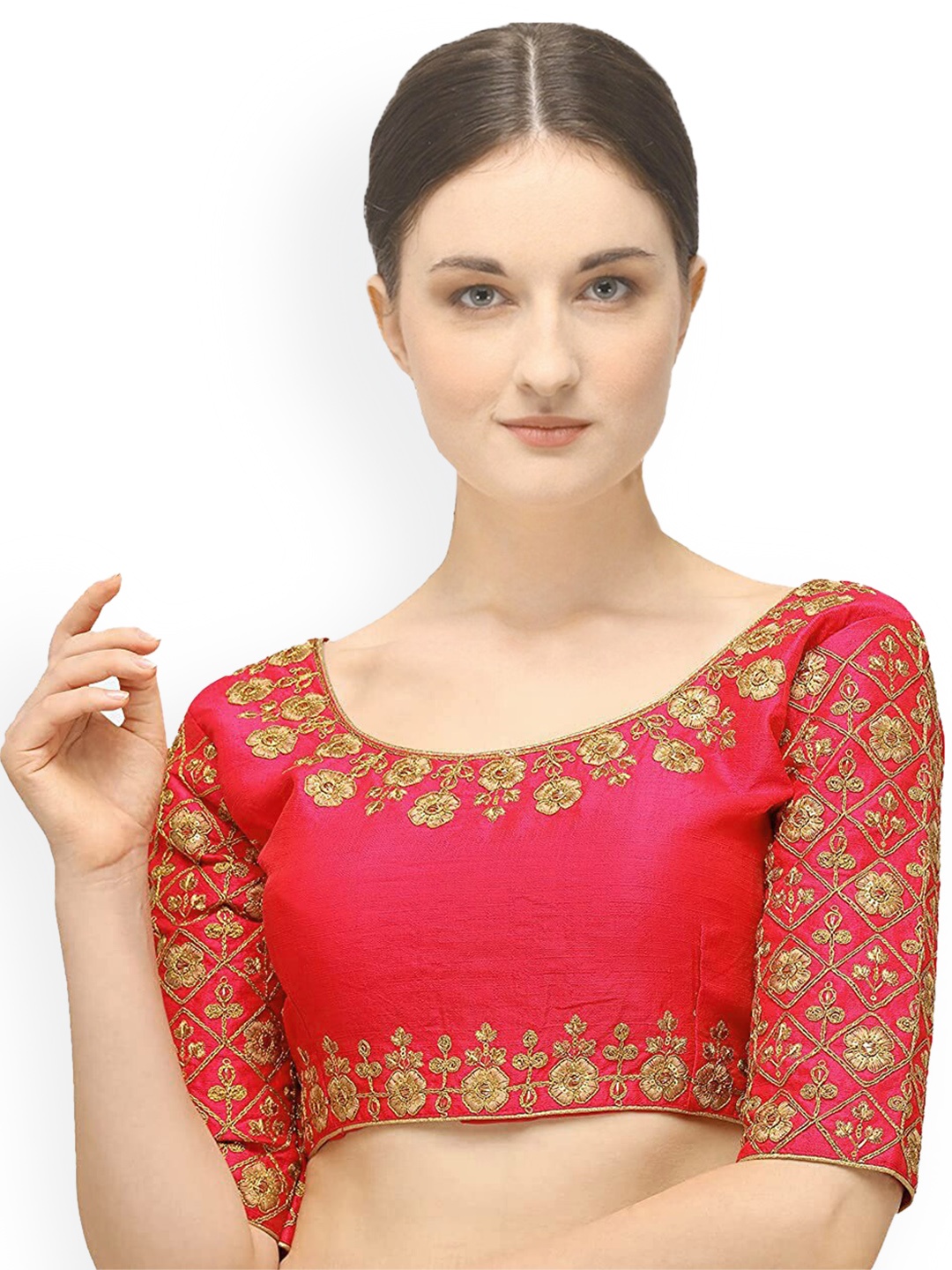 

Sumaira Tex Peach-Coloured & Gold-Coloured Embroidered Saree Blouse