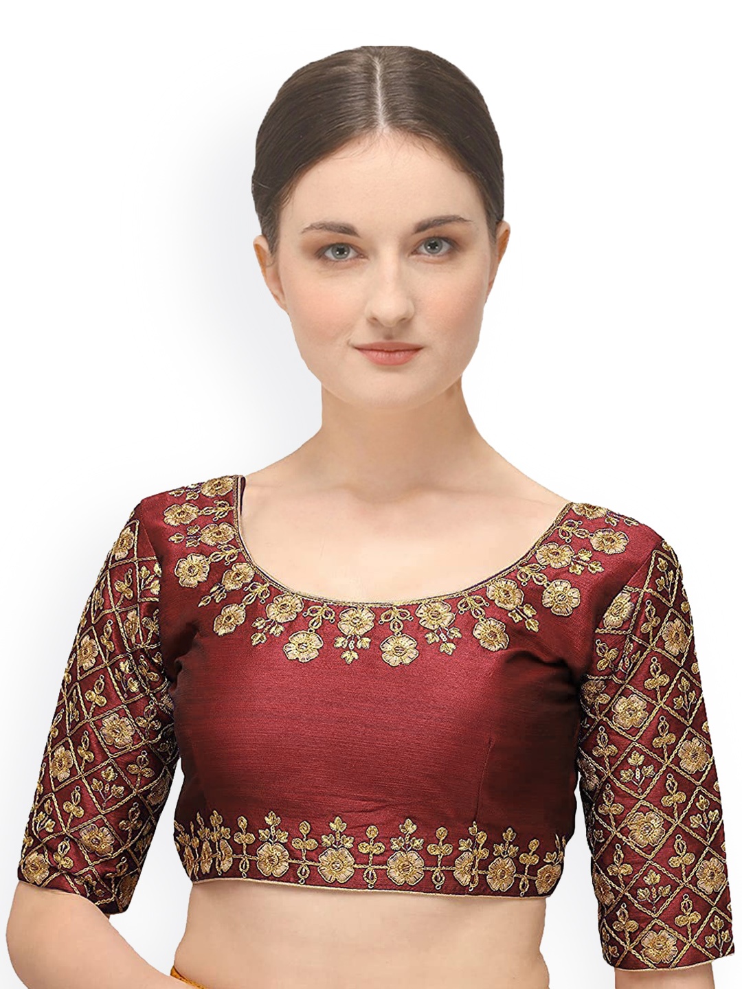 

Sumaira Tex Maroon & Golden Embroidered Silk Readymade Saree Blouse