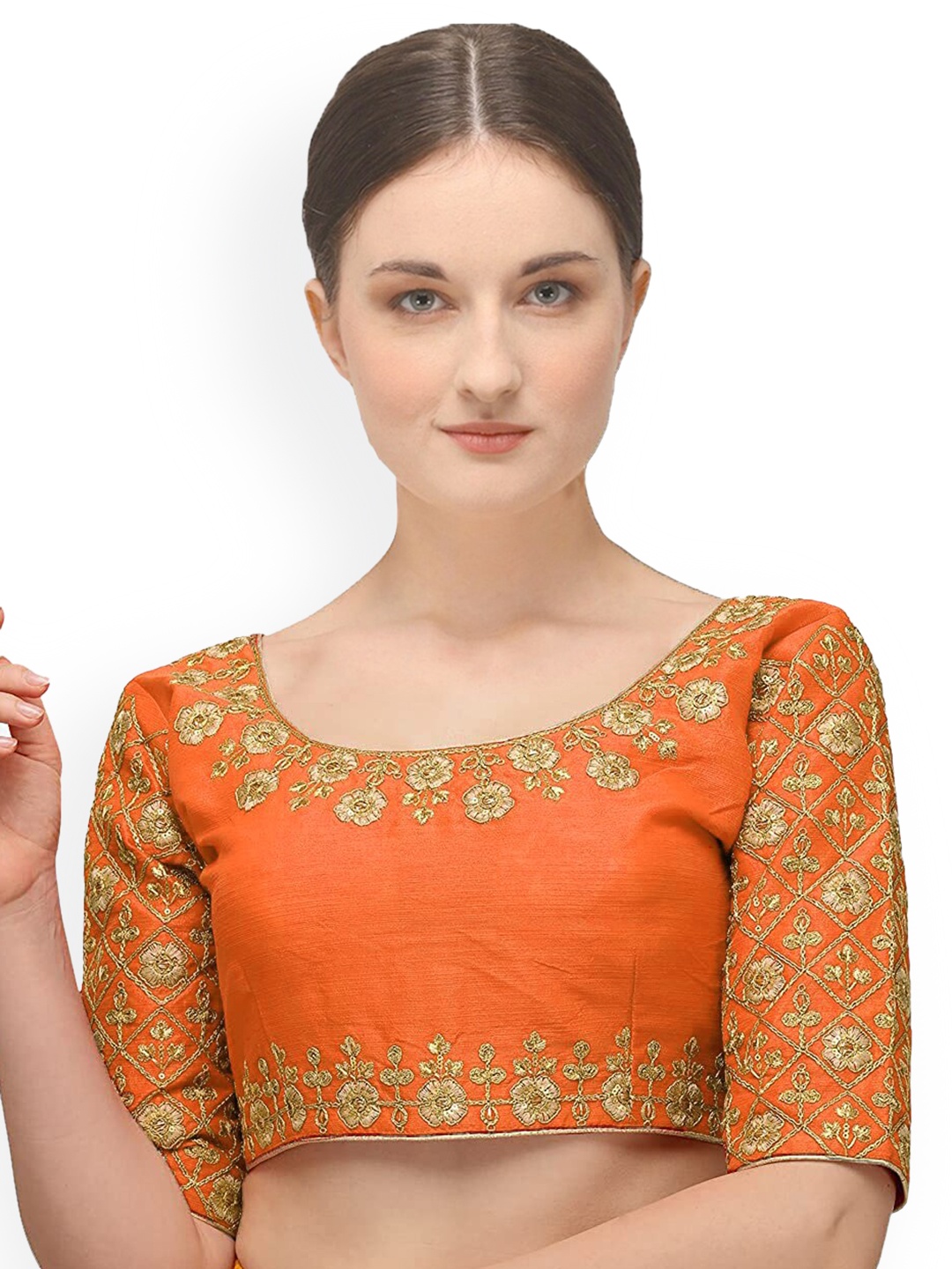 

Sumaira Tex Women's Orange & Gold Embroidered Ready-Made Saree Blouse