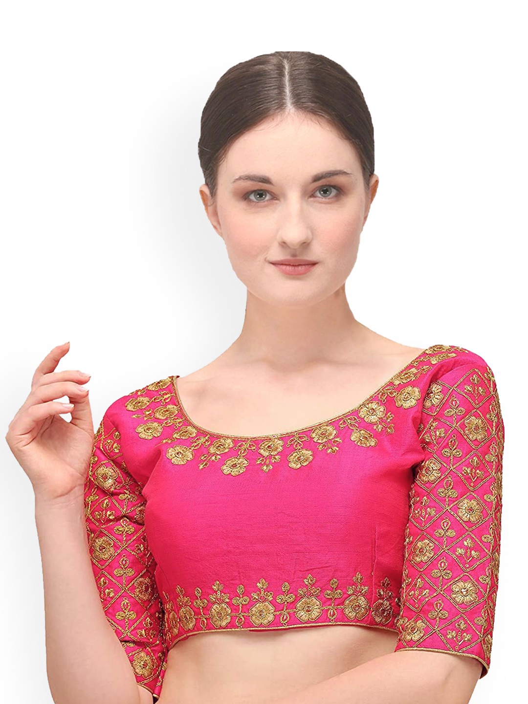 

Sumaira Tex Women Pink & Gold-Colored Embroidered Readymade Saree Blouse