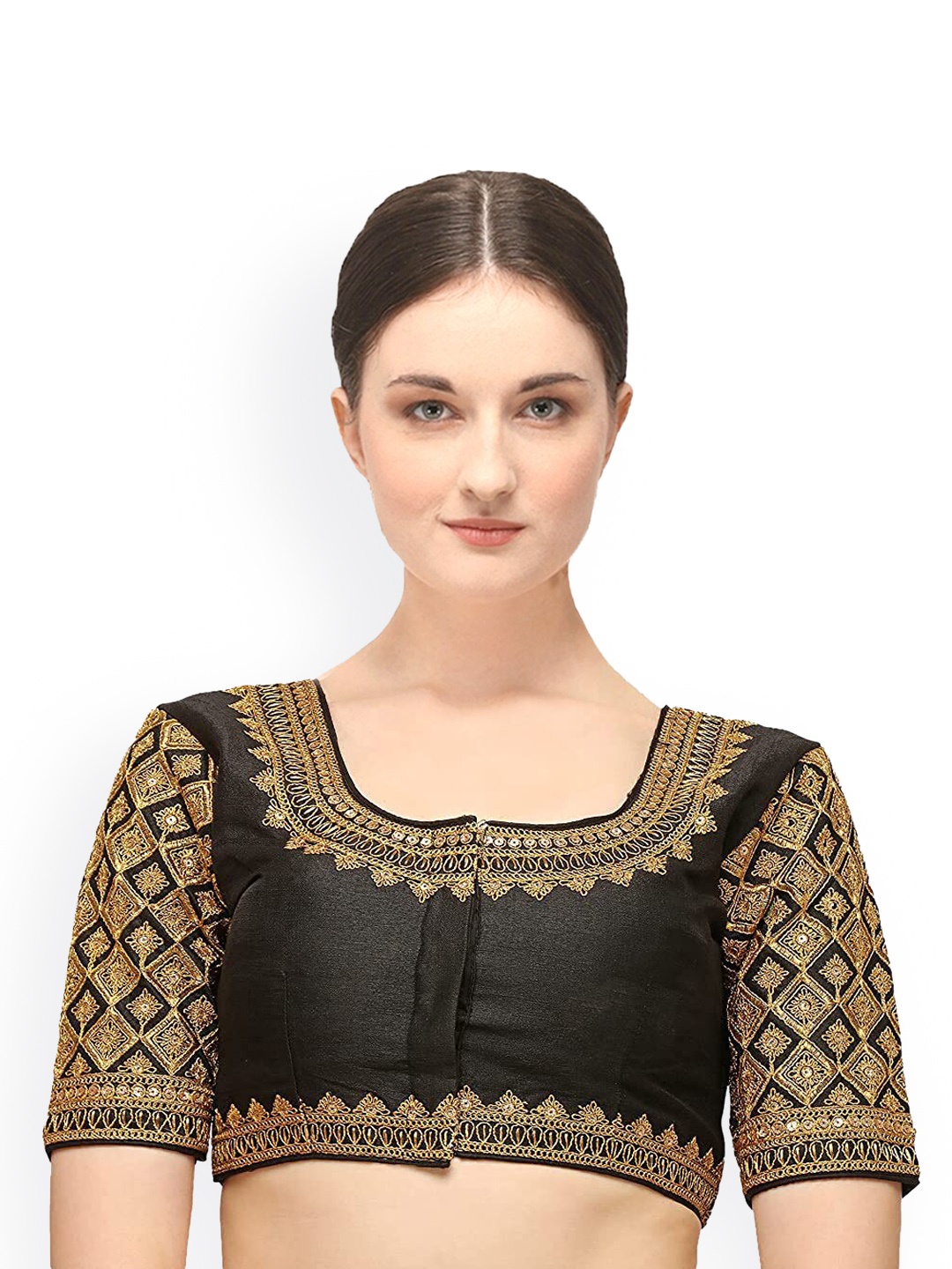 

Sumaira Tex Black & Golden Embroidered Silk Readymade Saree Blouse