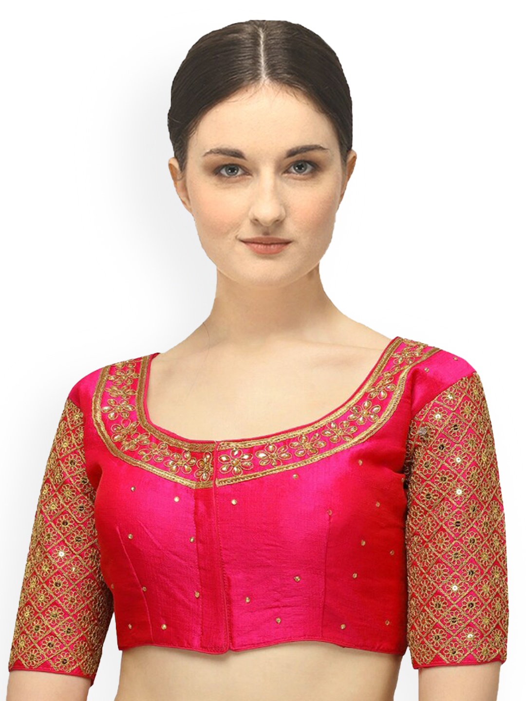 

Sumaira Tex Women Peach-Colored & Gold-Colored Embroidered Readymade Saree Blouse