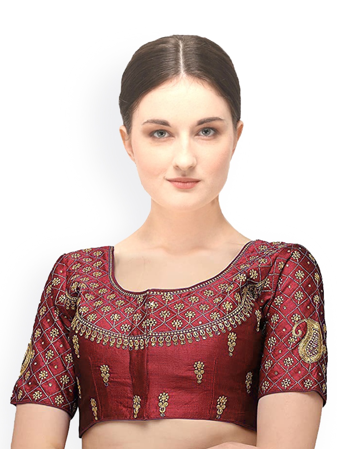 

Sumaira Tex Maroon & Gold-Toned Embroidered Saree Blouse
