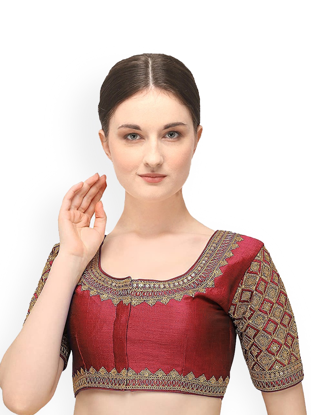 

Sumaira Tex Maroon & Gold-Coloured Embroidered Saree Blouse