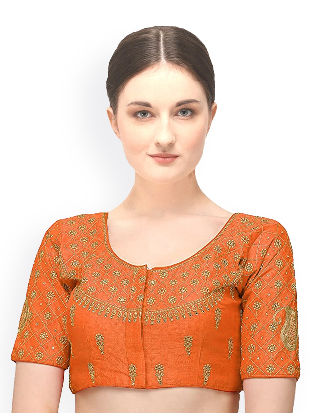 

Sumaira Tex Women Orange & Gold Embroidered Saree Blouse